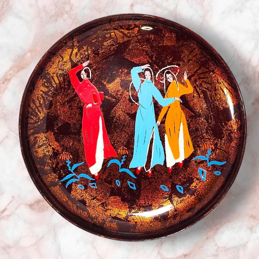 Vintage 1970s Lacquer Trinket Tray Dancing Women Boho Decor Gift Woman Shimmer